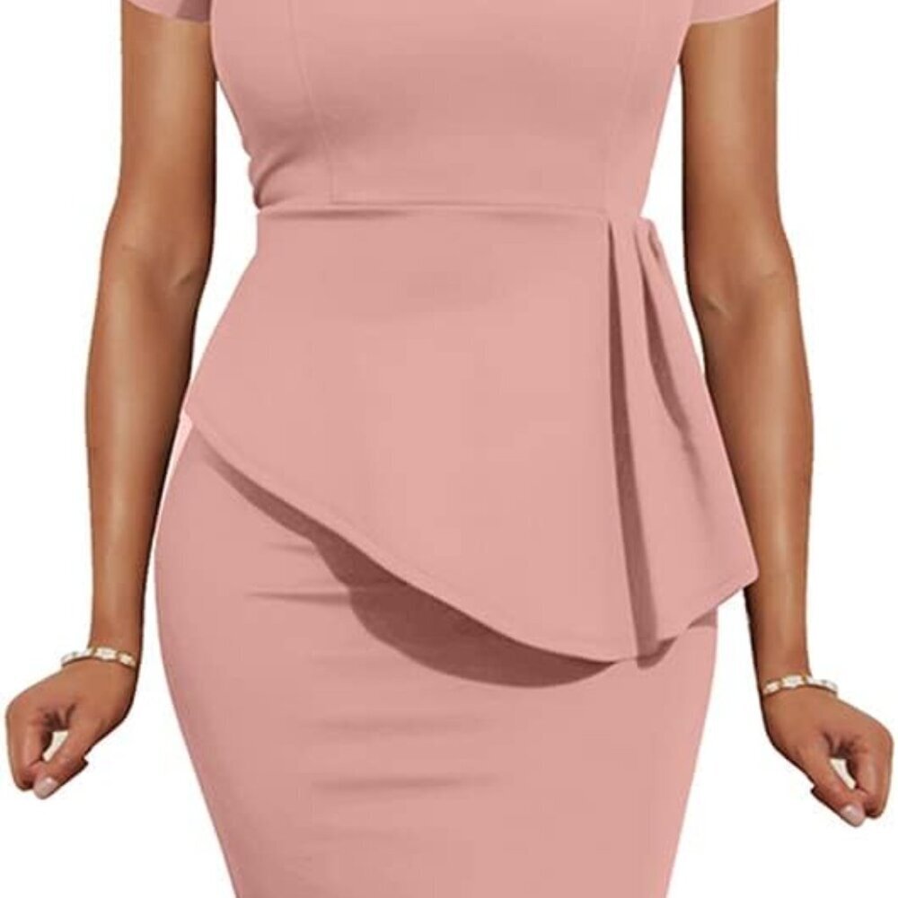 Women Fashion Peplum Bodycon Short Sleeve Bow Club Ruffle Pencil Party Dress